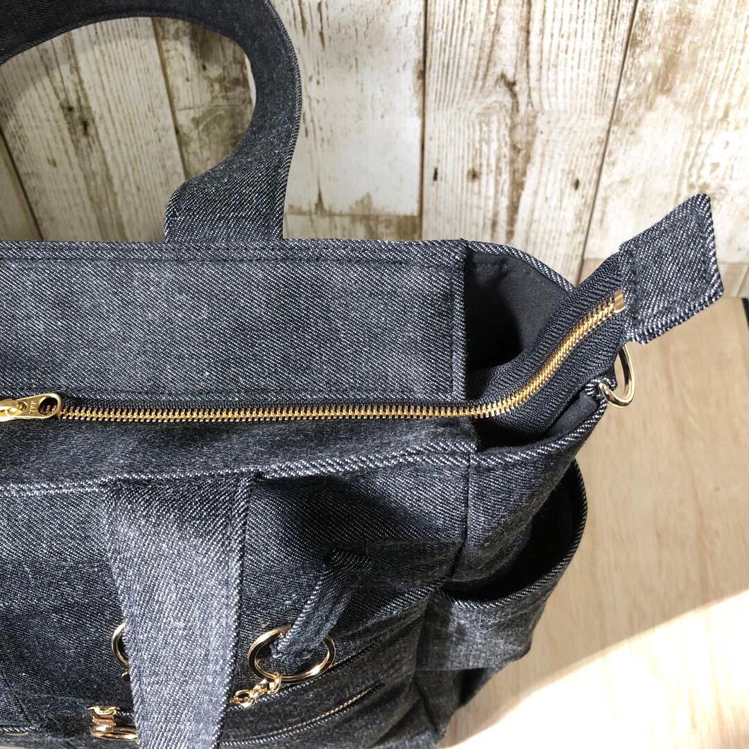 ダル　デニムトートバッグ　ブラック　ゴールド　A4サイズ　両開きファスナー