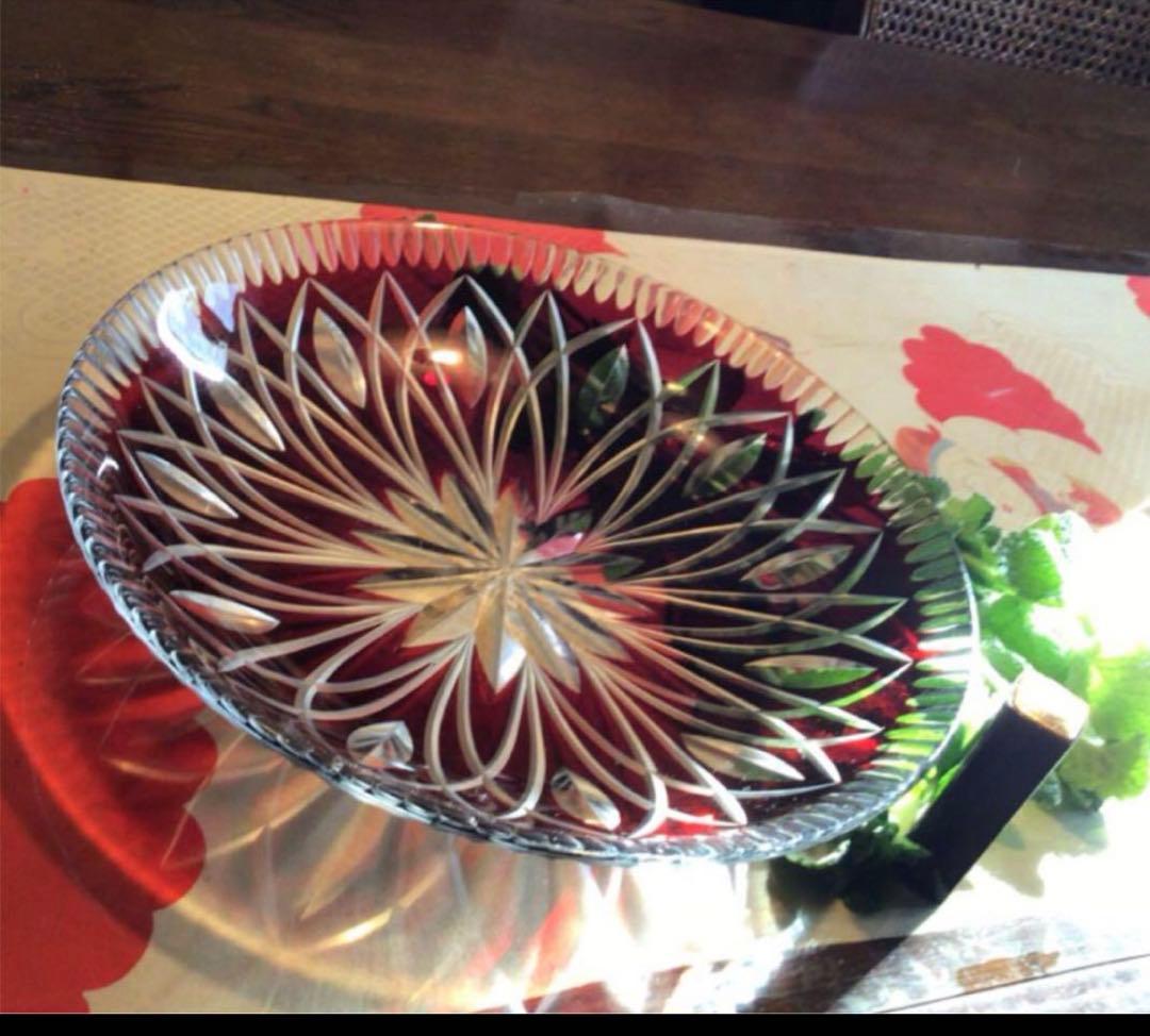 A519 ビンテージ　ガラス切子　カットガラス　赤色被ガラス　大皿