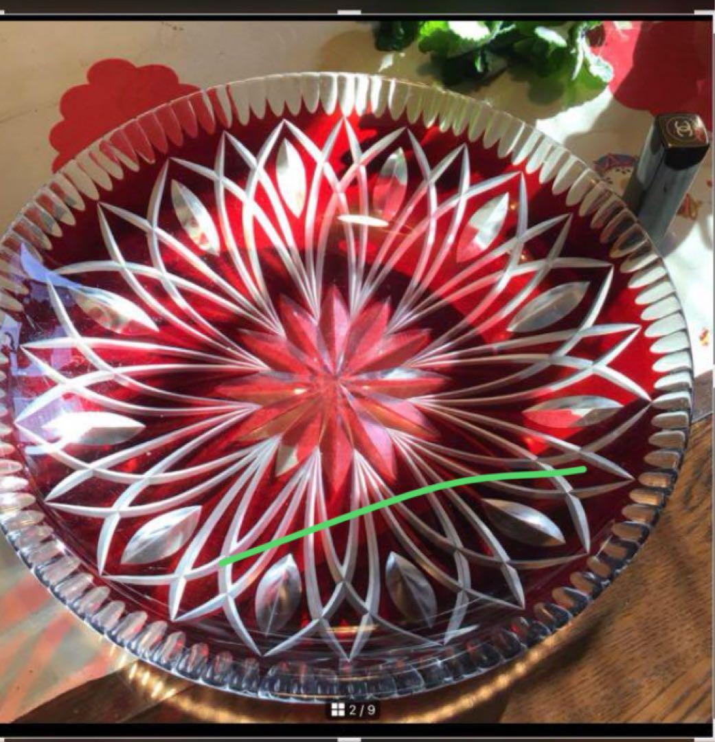 A519 ビンテージ　ガラス切子　カットガラス　赤色被ガラス　大皿