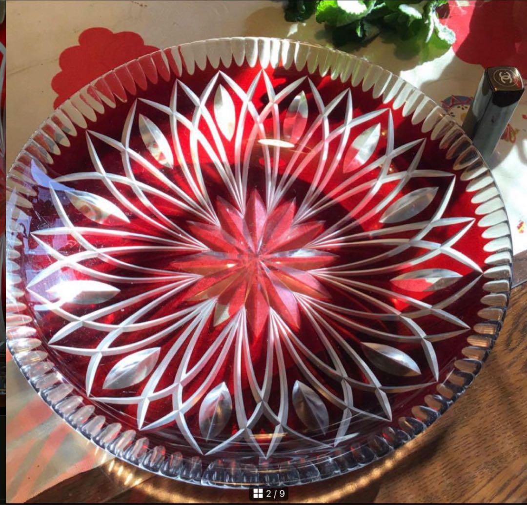 A519 ビンテージ　ガラス切子　カットガラス　赤色被ガラス　大皿