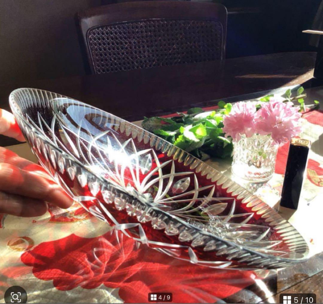 A519 ビンテージ　ガラス切子　カットガラス　赤色被ガラス　大皿