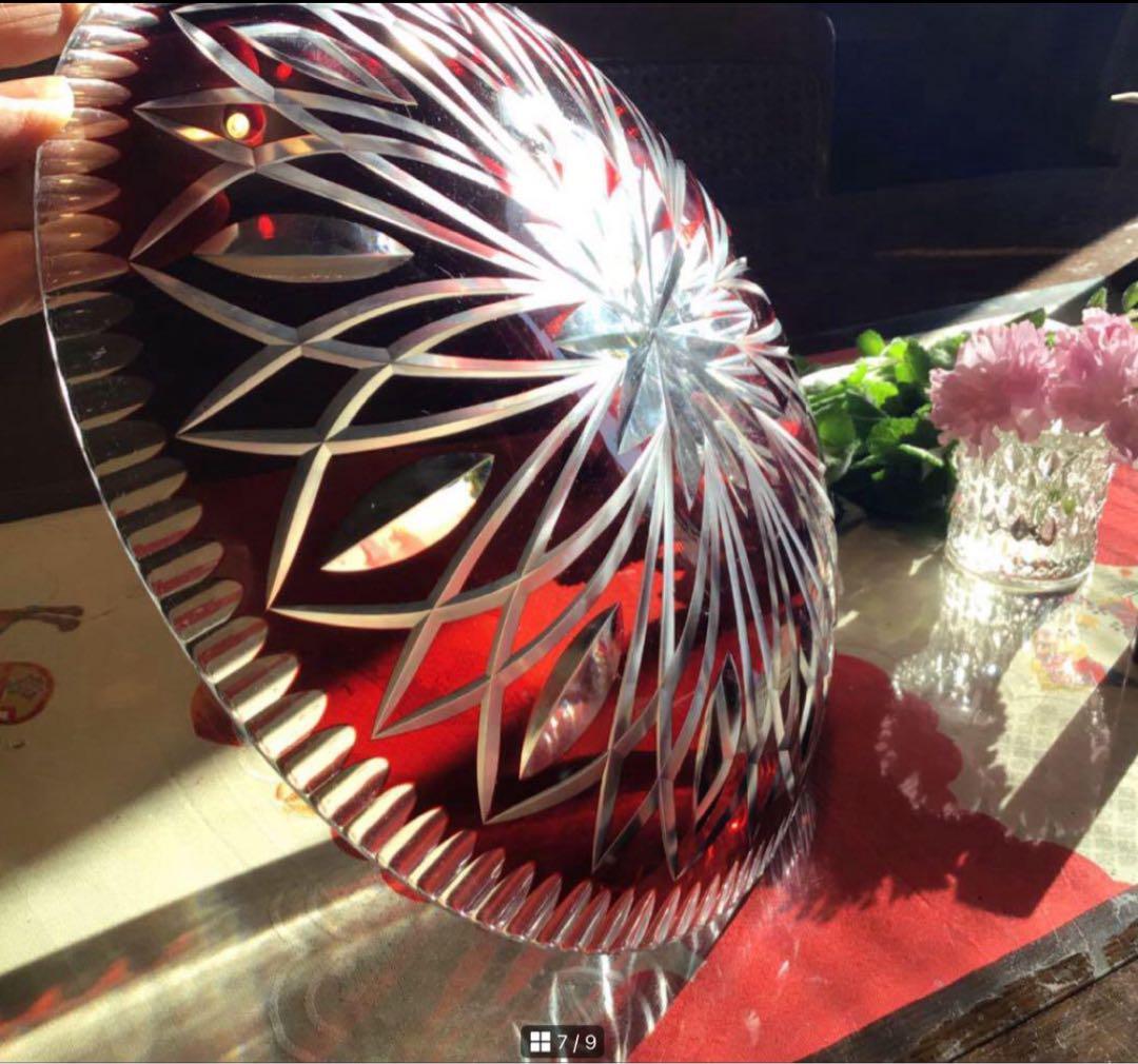 A519 ビンテージ　ガラス切子　カットガラス　赤色被ガラス　大皿