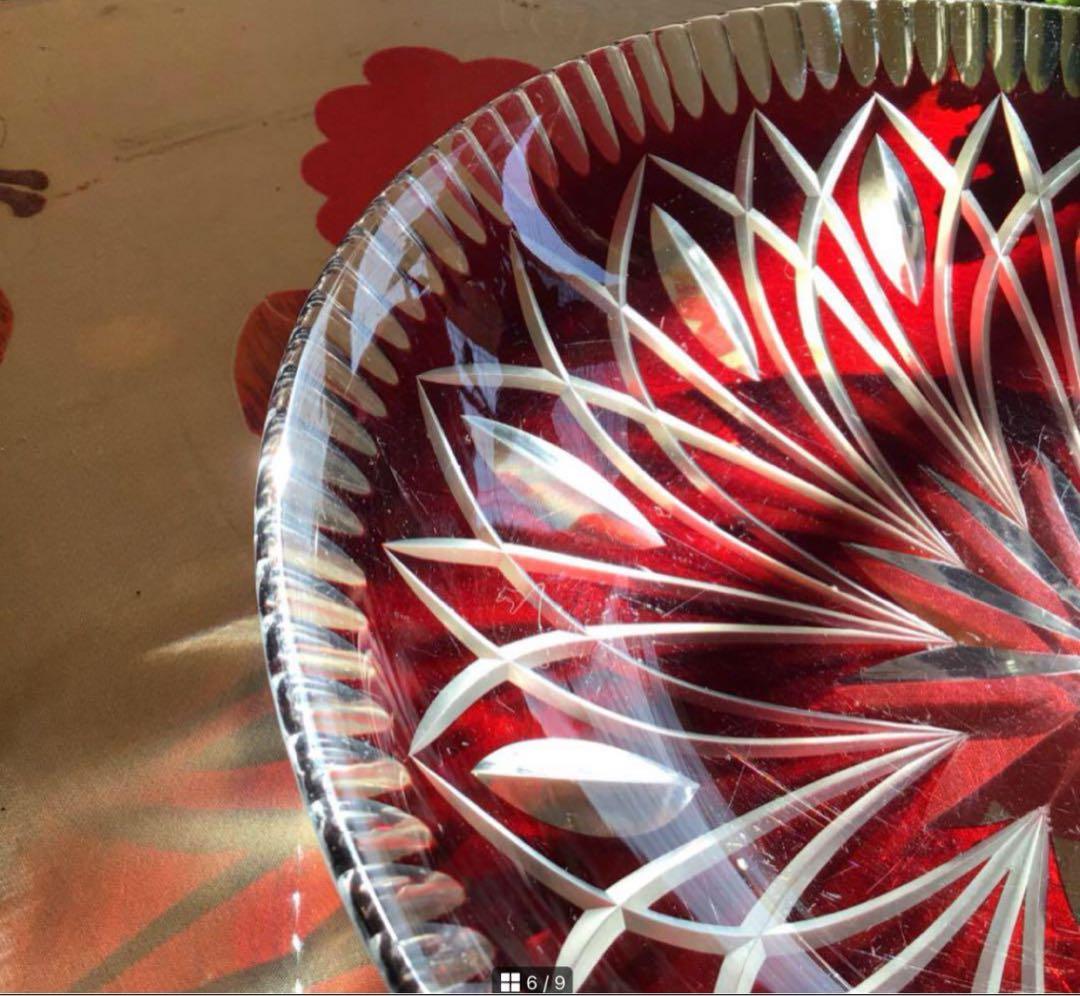 A519 ビンテージ　ガラス切子　カットガラス　赤色被ガラス　大皿