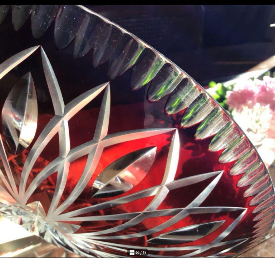 A519 ビンテージ　ガラス切子　カットガラス　赤色被ガラス　大皿