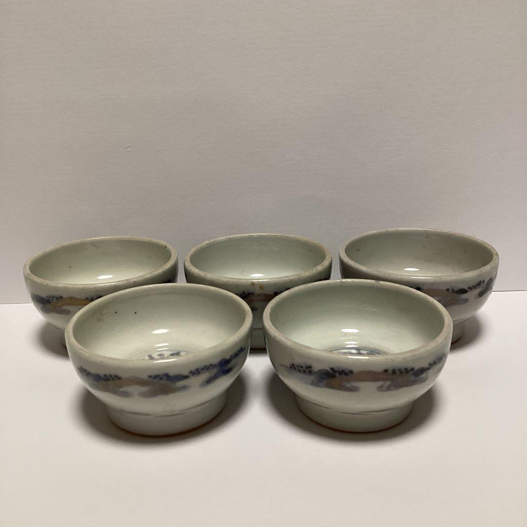 幕末～明治　変わり窯印　楼閣風景図　染め付け小鉢　向付け　五客