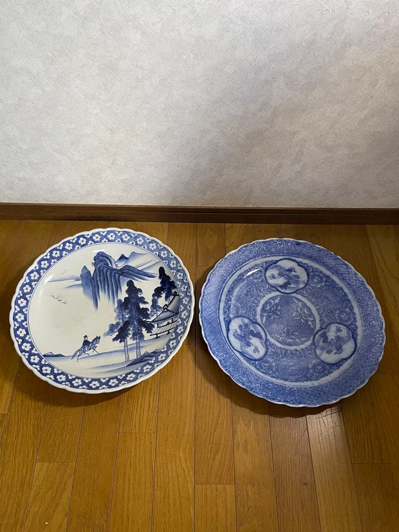 大皿　さわち　飾り皿　約40㎝　松　鳥　青　白　風景　セット　大きい　大きな
