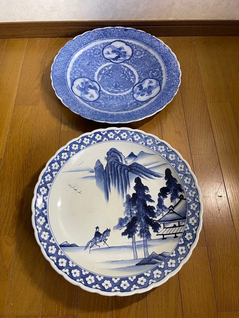 大皿　さわち　飾り皿　約40㎝　松　鳥　青　白　風景　セット　大きい　大きな