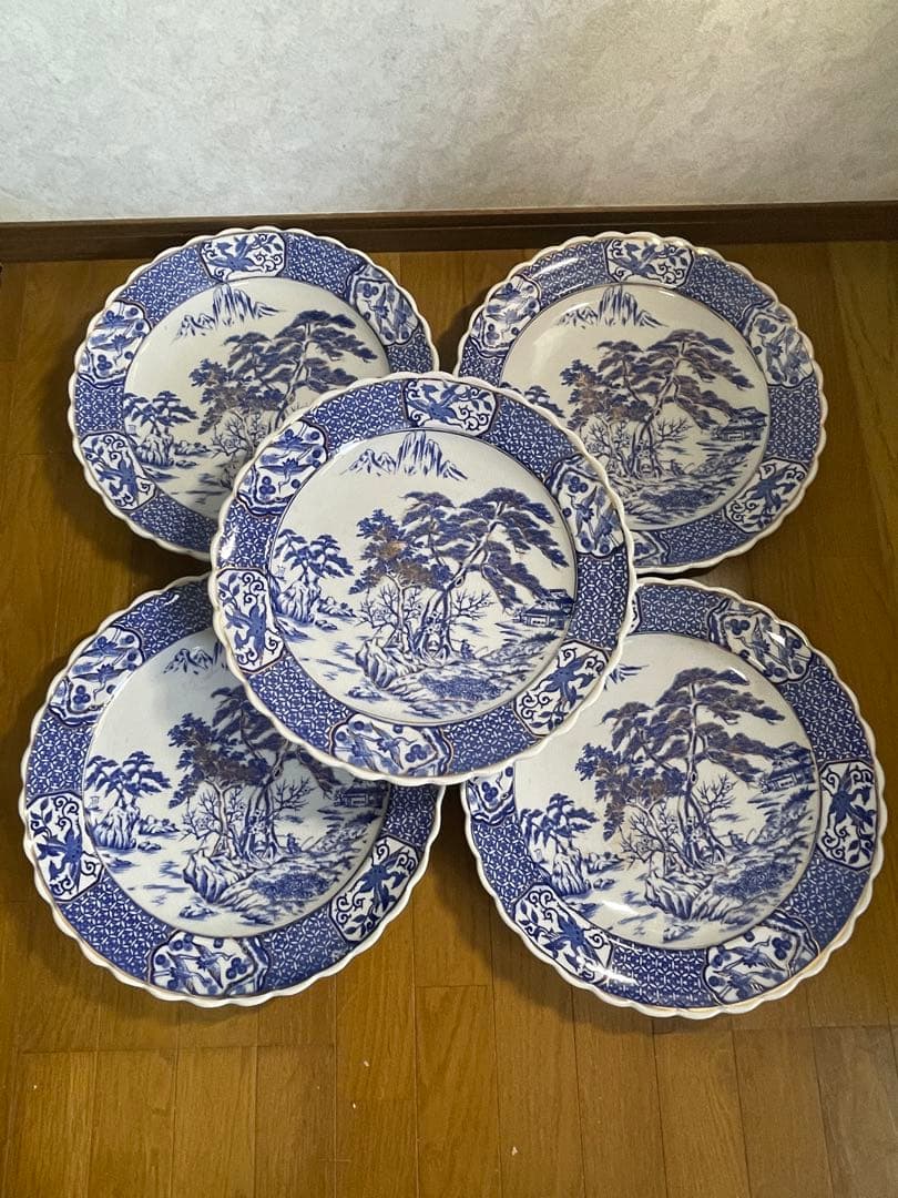大皿　さわち　飾り皿　約40㎝　松　鳥　青　白　風景　セット　大きい　大きな
