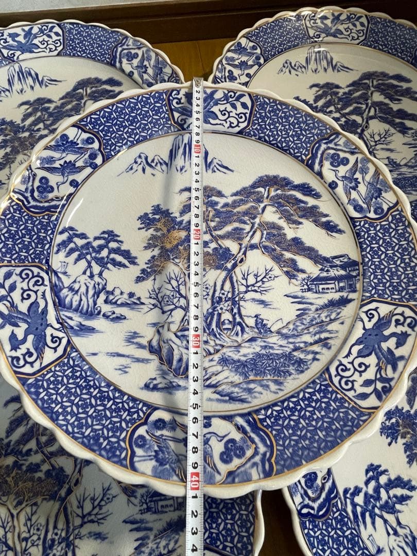 大皿　さわち　飾り皿　約40㎝　松　鳥　青　白　風景　セット　大きい　大きな