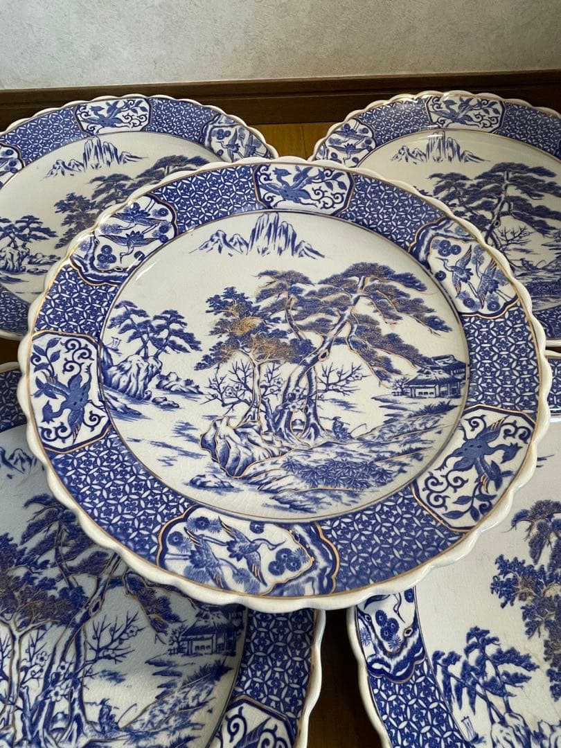 大皿　さわち　飾り皿　約40㎝　松　鳥　青　白　風景　セット　大きい　大きな