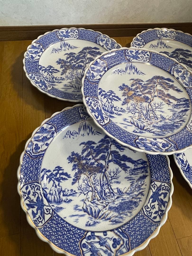 大皿　さわち　飾り皿　約40㎝　松　鳥　青　白　風景　セット　大きい　大きな