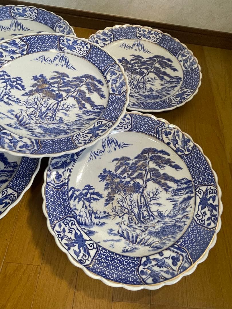 大皿　さわち　飾り皿　約40㎝　松　鳥　青　白　風景　セット　大きい　大きな
