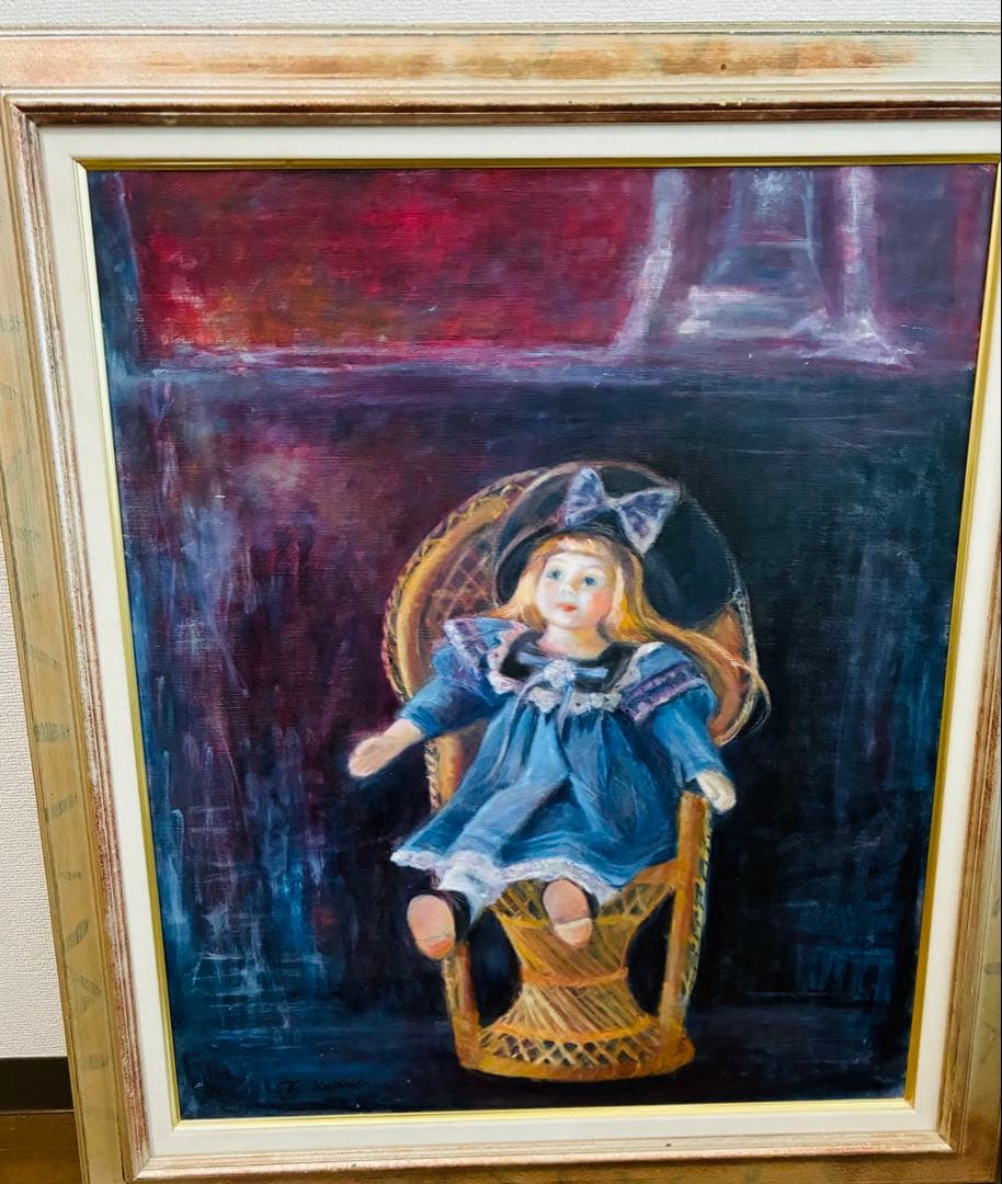 人形の油彩画 青いドレスの人形