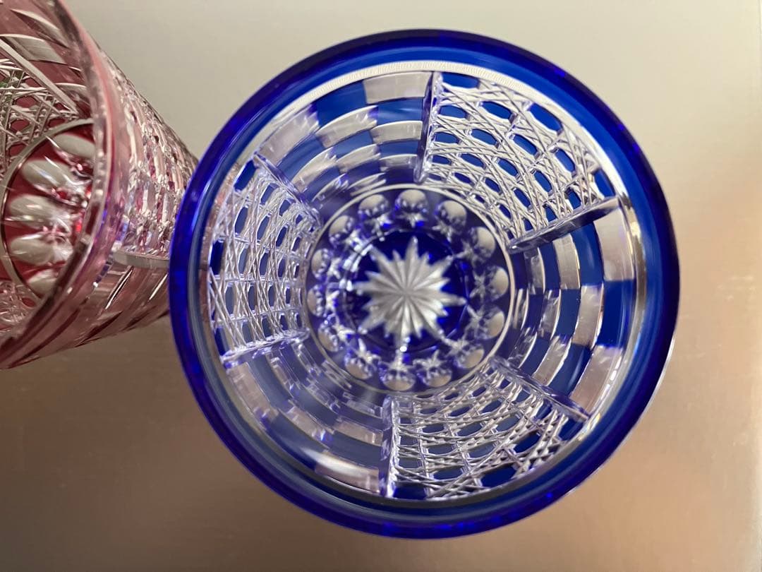 江戸切子 ペアグラス タンブラー 市松 八角籠目 底菊 2客セット（赤