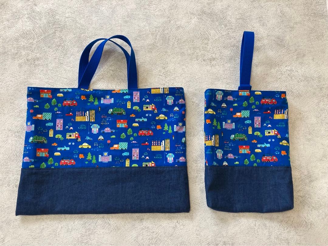 オーダーメイド】入園入学グッズ薄水色デニム働く車柄