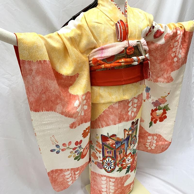 410ag86□七五三 七歳 女児 着物&袋帯&長襦袢 ぼかし染め 黄色□