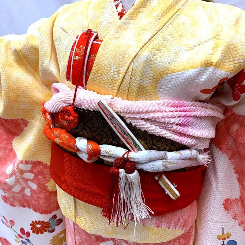 410ag86□七五三 七歳 女児 着物&袋帯&長襦袢 ぼかし染め 黄色□