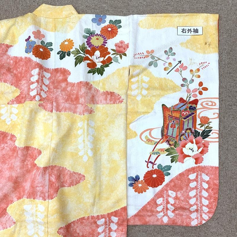 410ag86□七五三 七歳 女児 着物&袋帯&長襦袢 ぼかし染め 黄色□