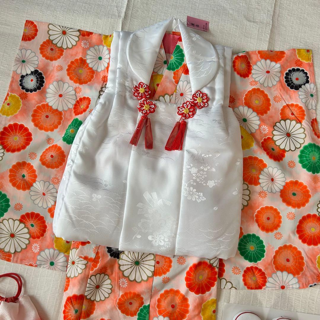 七五三 3歳 子供着物 753 アンティーク着物 被布 女の子 三歳 ピンク 白