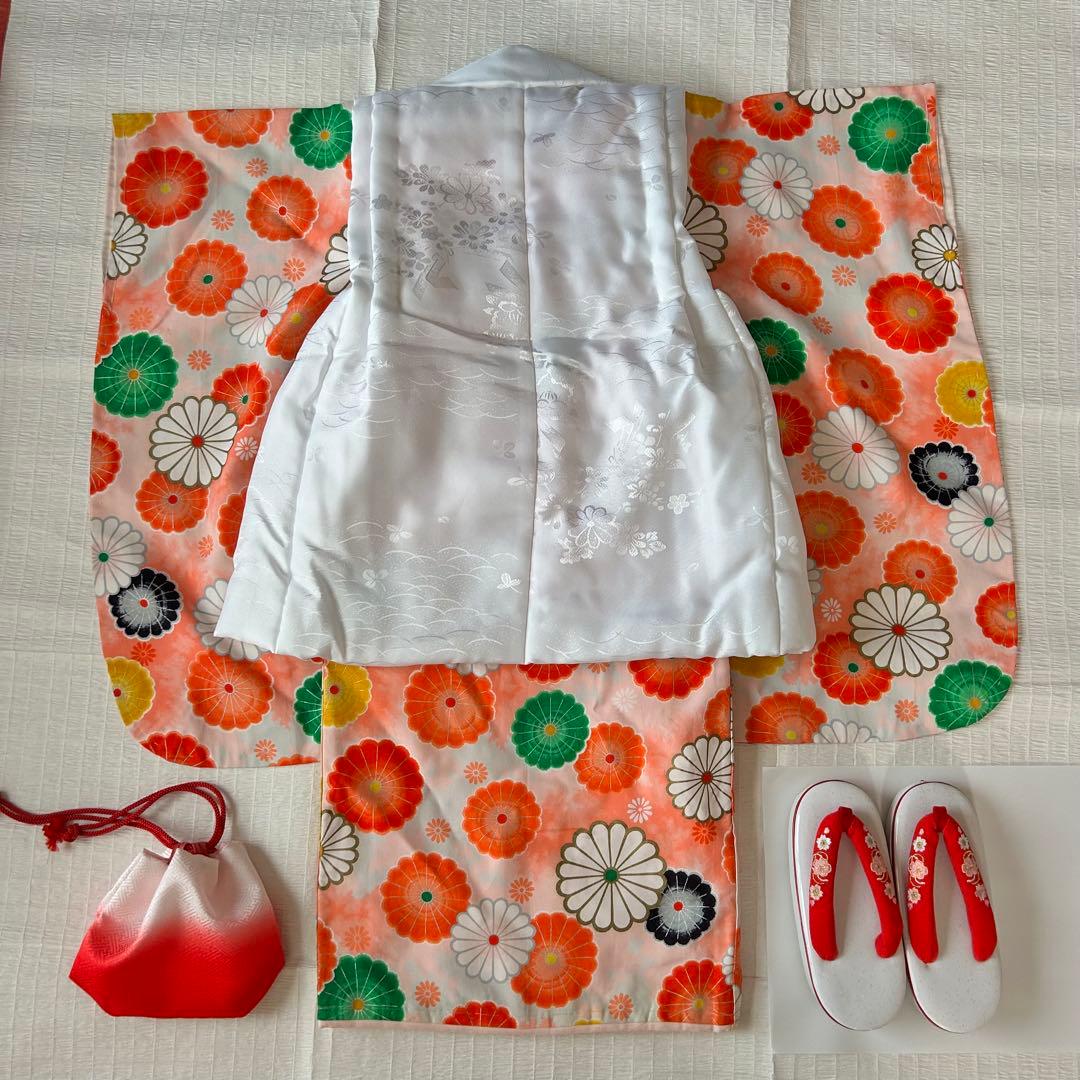 七五三 3歳 子供着物 753 アンティーク着物 被布 女の子 三歳 ピンク 白