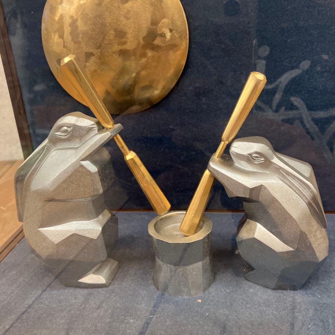 昭和レトロ 餅つきウサギ 兎 お月見 十五夜 満月 ショーケース入り 置物 飾り