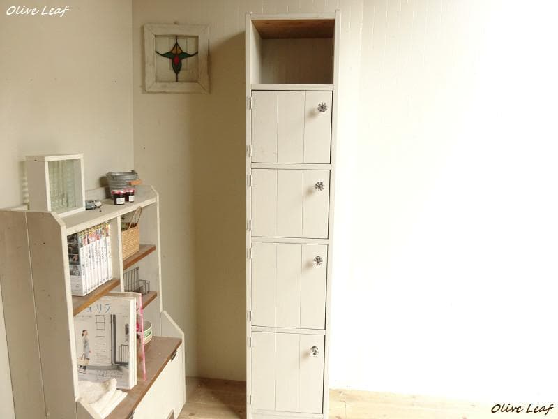 サイズ、デザインオーダー可！6段4扉スリムキャビネット●シャビーホワイト受注製作