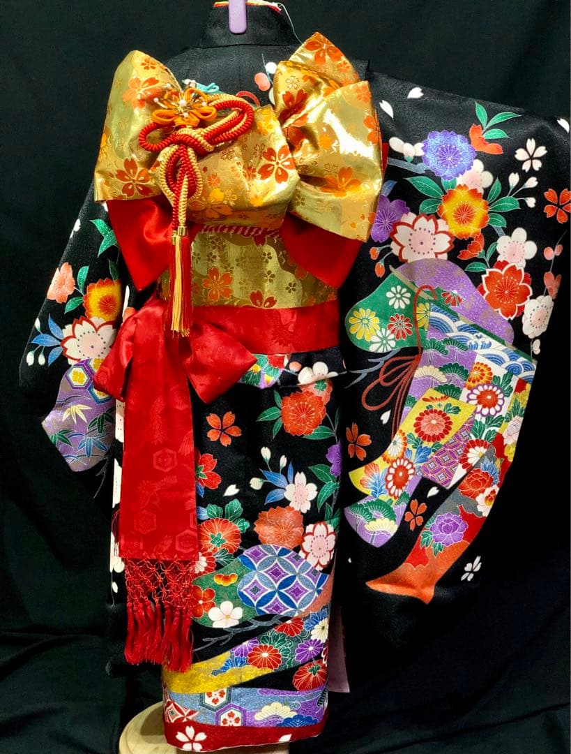 七五三　7歳　熨斗　黒　四つ身　着物　作り帯　セット　女の子　753 七歳