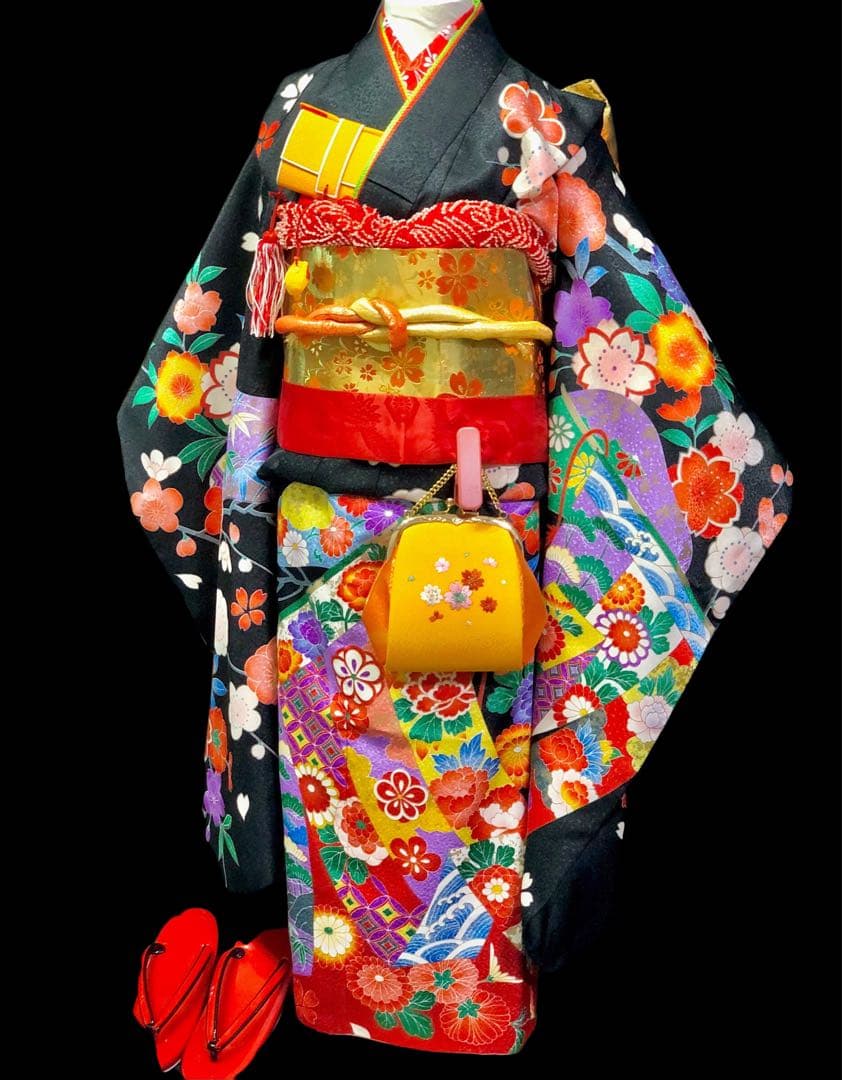 七五三　7歳　熨斗　黒　四つ身　着物　作り帯　セット　女の子　753 七歳