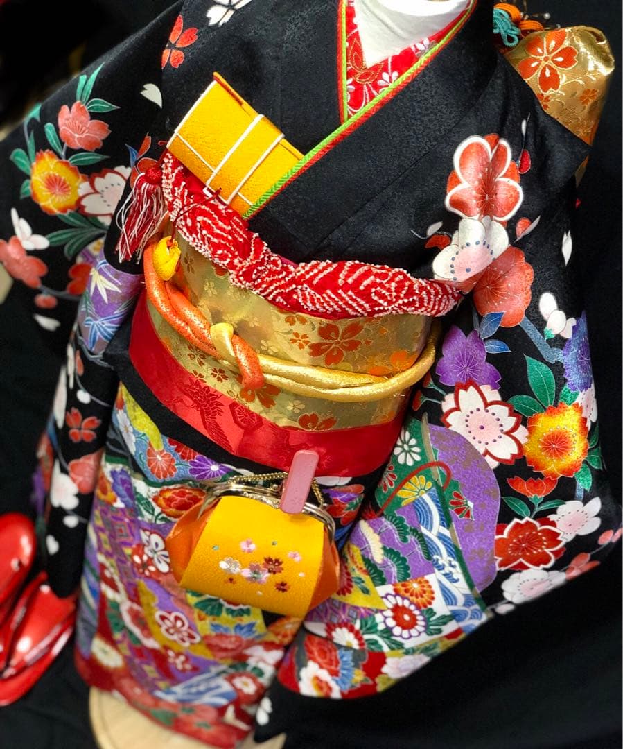 七五三　7歳　熨斗　黒　四つ身　着物　作り帯　セット　女の子　753 七歳