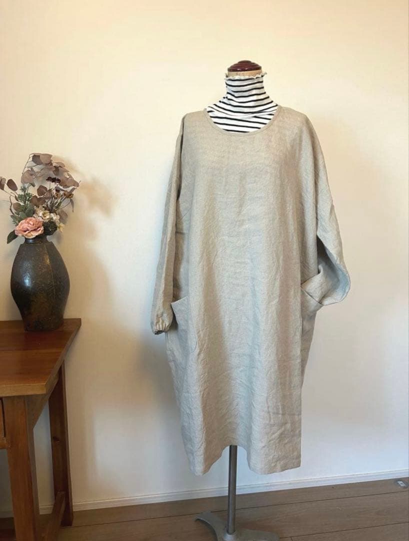 国産リネン100%　おしゃれな割烹着　キナリ　服作り40年の田舎町仕立屋
