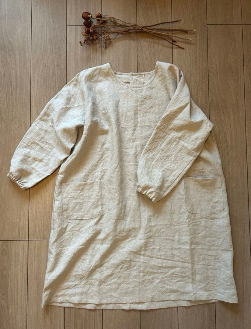 国産リネン100%　おしゃれな割烹着　キナリ　服作り40年の田舎町仕立屋