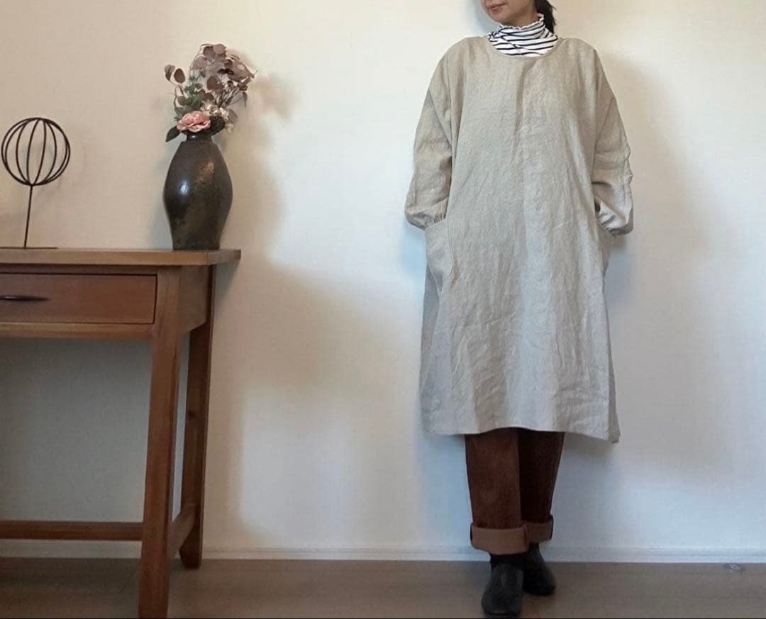 国産リネン100%　おしゃれな割烹着　キナリ　服作り40年の田舎町仕立屋