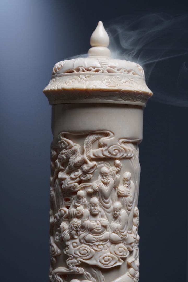 天然マンモス牙精巧な手作り彫刻十八羅漢 香筒