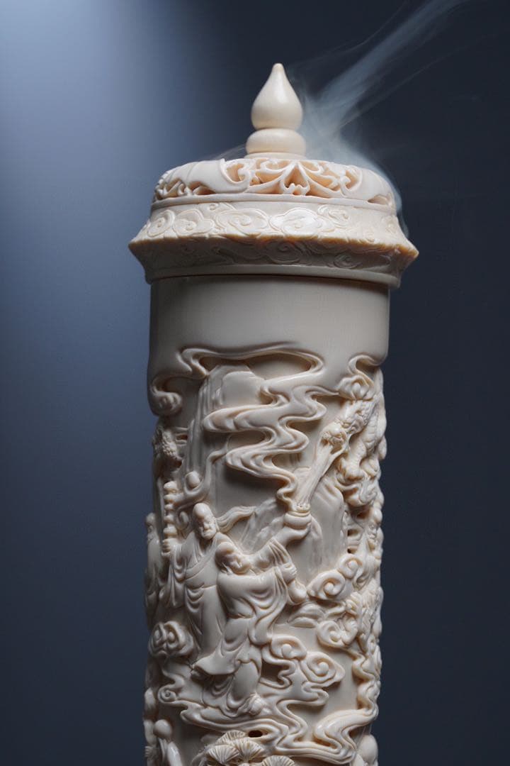 天然マンモス牙精巧な手作り彫刻十八羅漢 香筒