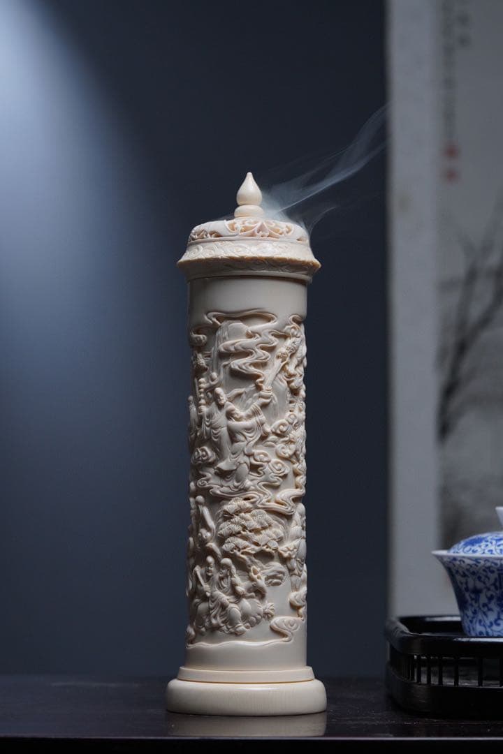 天然マンモス牙精巧な手作り彫刻十八羅漢 香筒