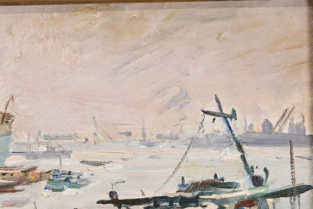 真作 奥田憲三 「 逆光の港 」 F6号 油彩 共シール 一水会員 BJ233