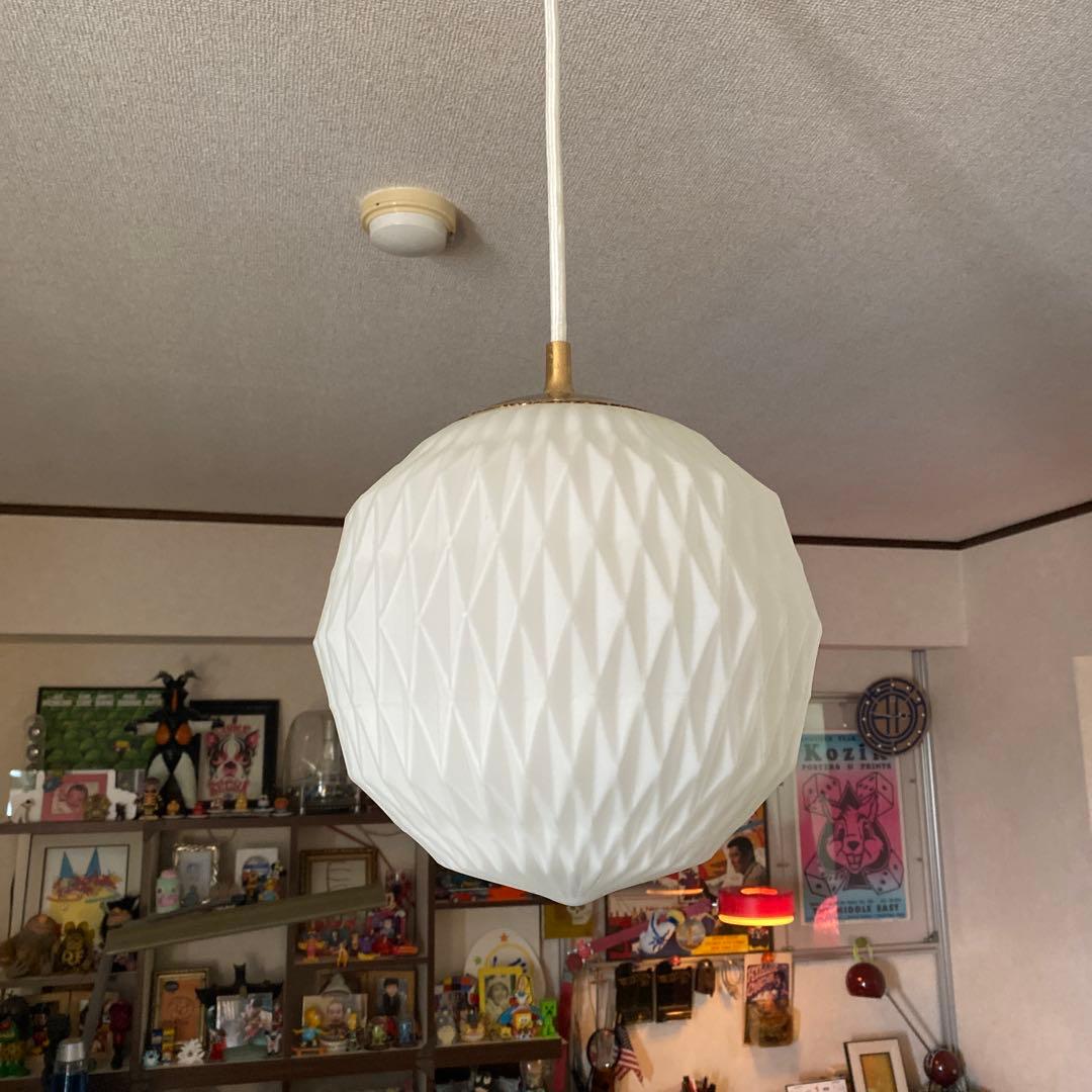 レトロ　ペンダントライト　昭和　ミルクガラス　70年代照明　幾何学模様　状態良