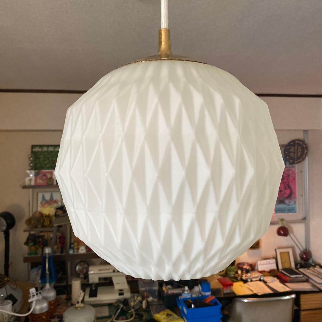 レトロ　ペンダントライト　昭和　ミルクガラス　70年代照明　幾何学模様　状態良