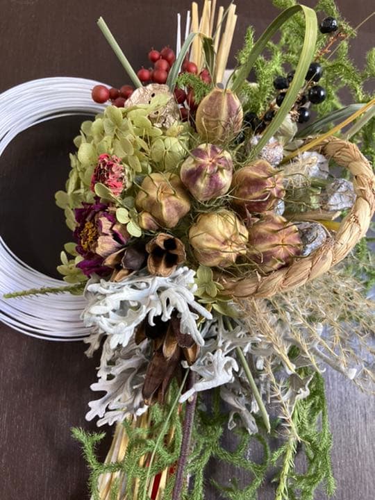 11.長野より自家栽培ドライフラワー含むしめ縄正月飾り注連縄リーススワッグ