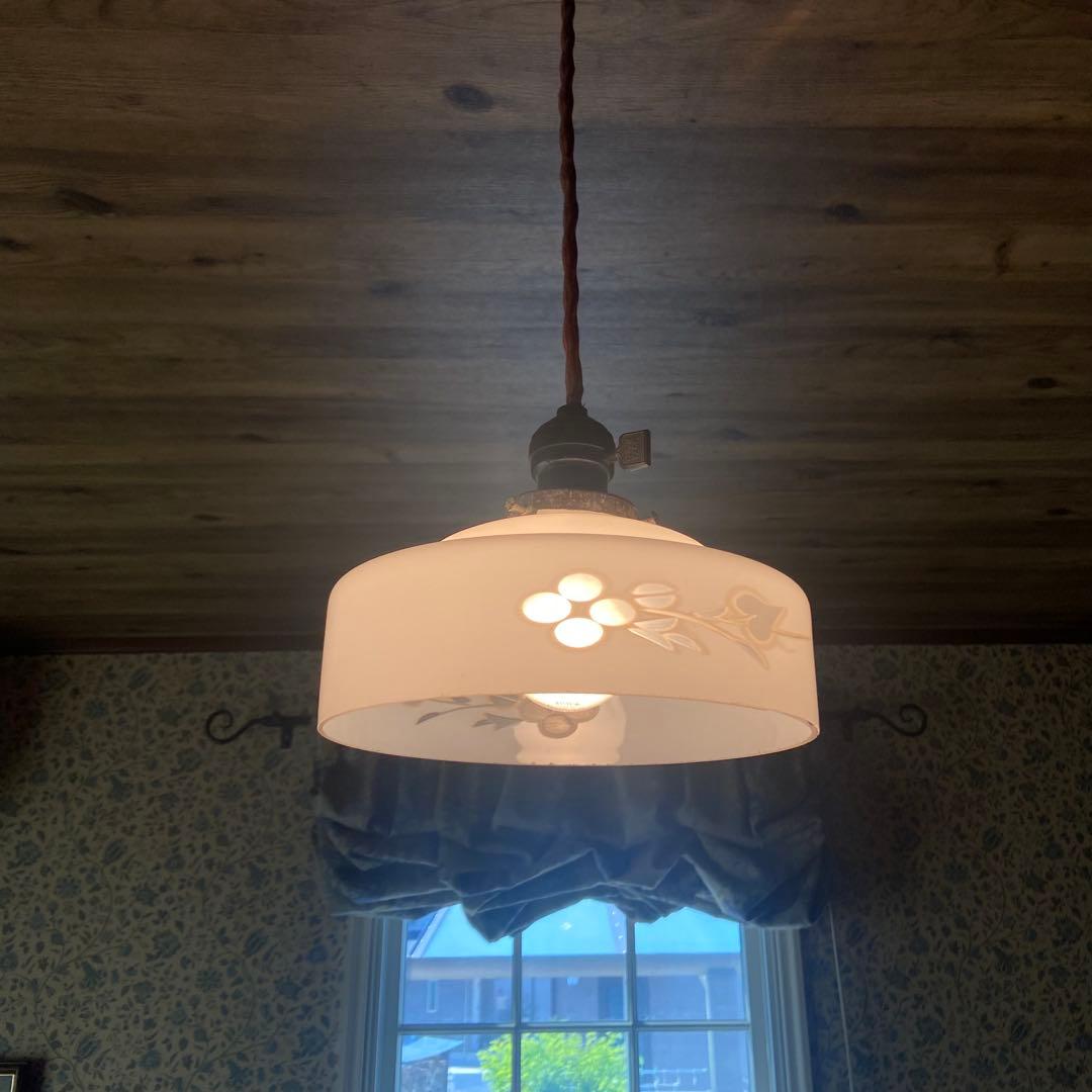 電笠　乳白硝子　昭和レトロ　大正浪漫　切り子 花模様