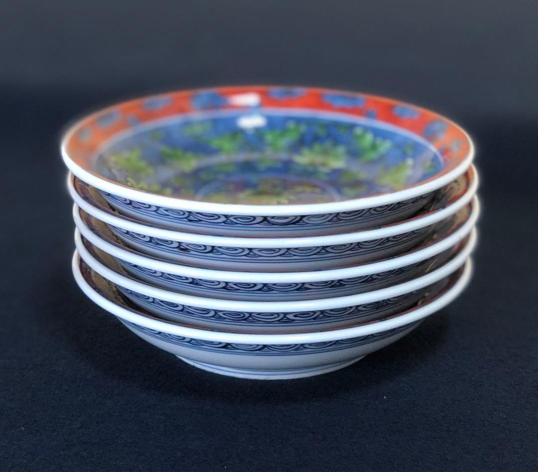 《レ》源右衛門作 有田 緑彩唐草 小皿5客 銘々皿 共箱　251201お2