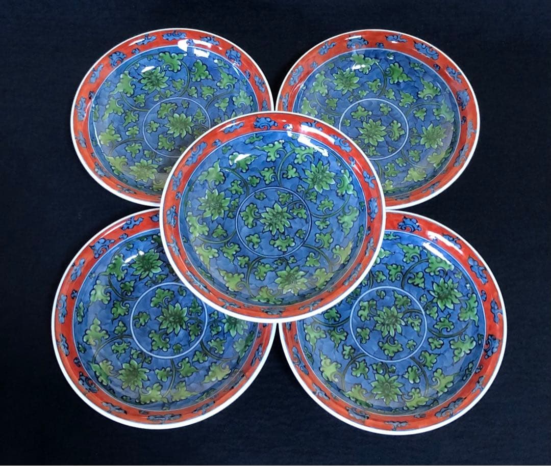 《レ》源右衛門作 有田 緑彩唐草 小皿5客 銘々皿 共箱　251201お2