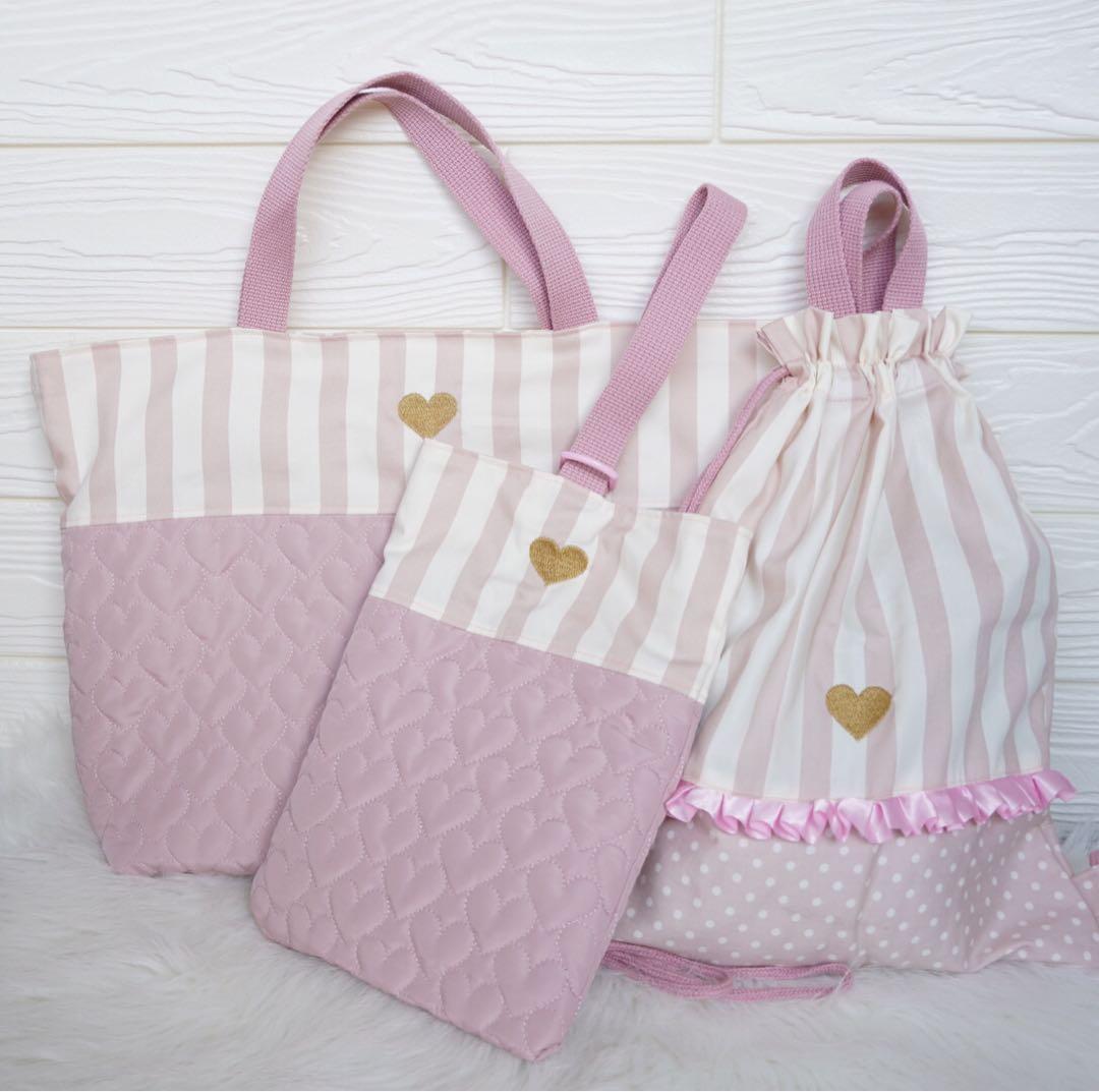 入園入学3点セット】ハートキルティング くすみピンク｜名入れ可