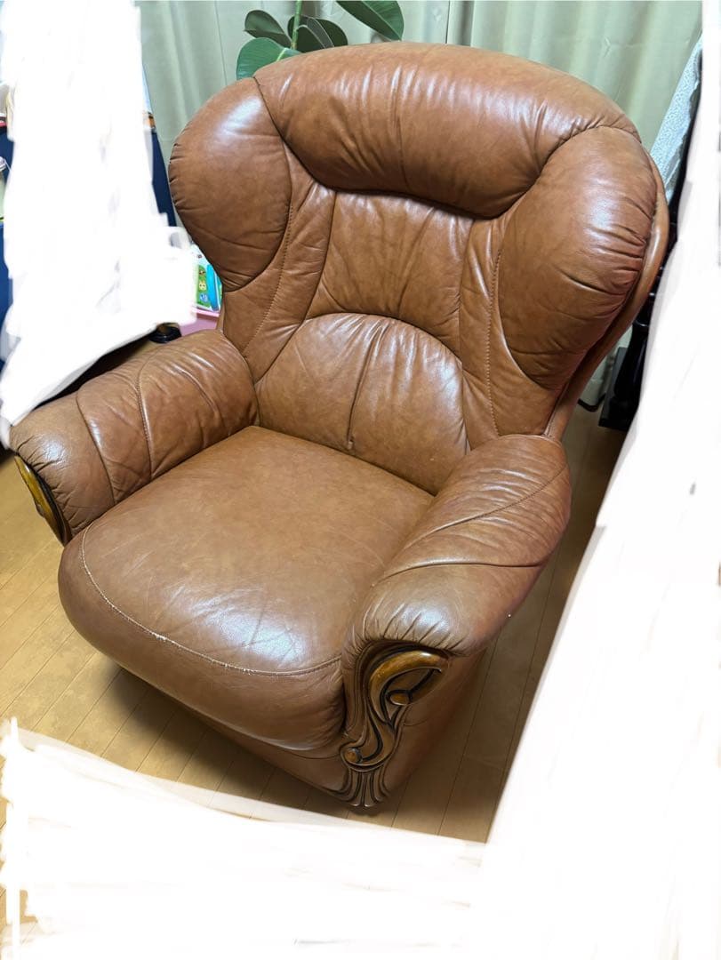 ブラウンレザー高背もたれ1人掛けソファ