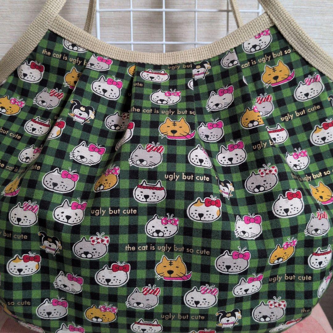 春幸秋様　チェック猫ちゃん　Lサイズ グラニーバッグ　ハンドメイド