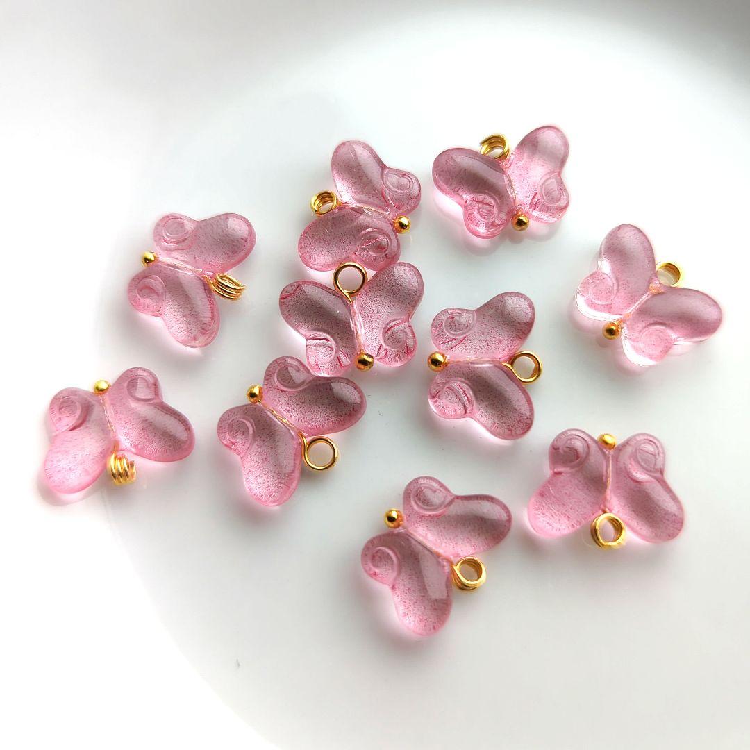ハンドメイドガラスチャーム 蝶々 ピンク 10個