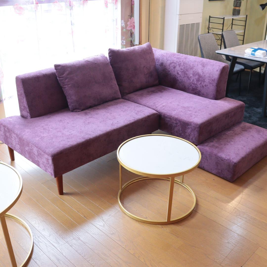 L型ソファ パープル シェーズロング ベルベット