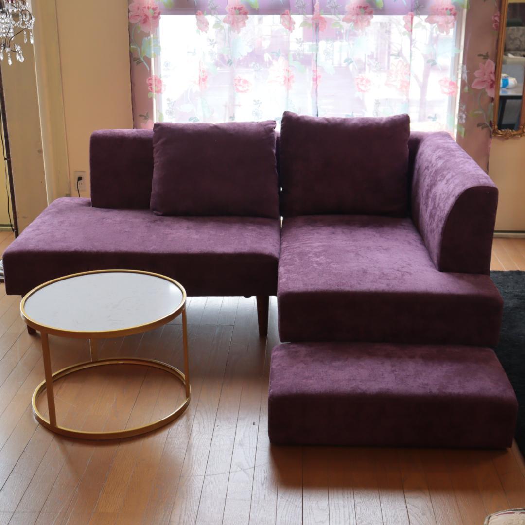L型ソファ パープル シェーズロング ベルベット