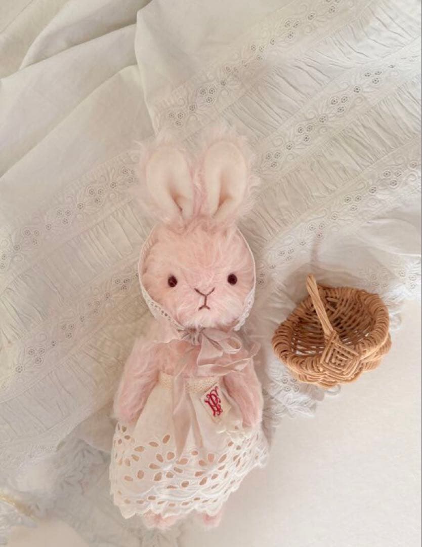 いちごミルク色のモヘアラビット｜アンティークレース｜ハンドメイドテディベア
