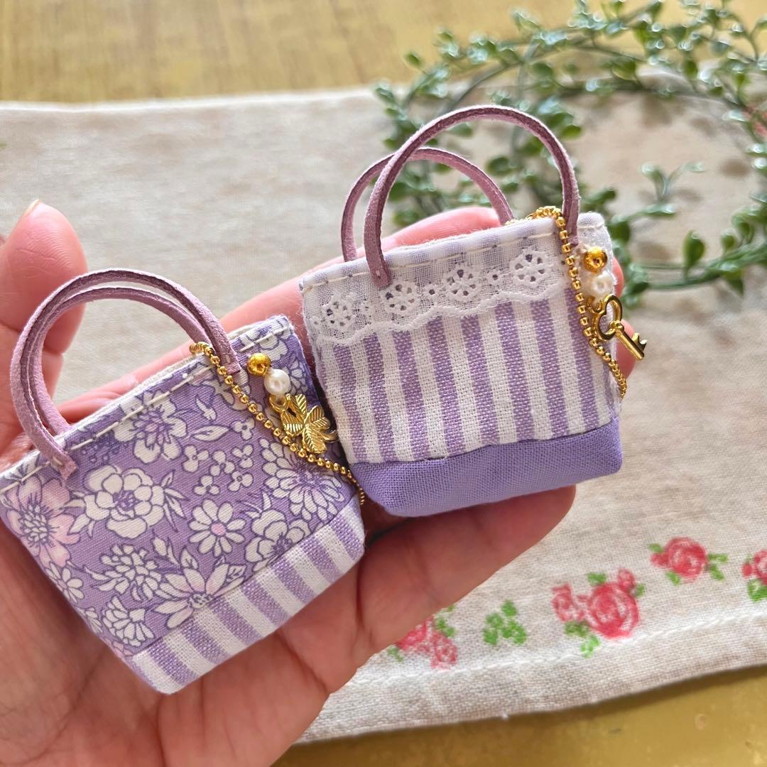 No.2212-6 ミニチュアトートサシェ（香り袋）2個組 藤紫 小花ストライプ